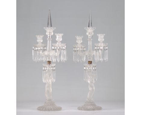 Pair of molded glass candelabras (baccarat) decorated with characters - Weight:  6.60 kg - Region: France - Sizes: H=630mm L=