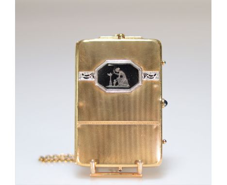 Exceptional yellow gold (18k) 145gr guilloche minaudiere adorned with an antique decoration and encrusted with old-cut diamon