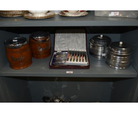A selection of silver plated flatware and cutlery by S.Blaydon &amp; Son's, sold together with a pair of oak biscuit barrels 