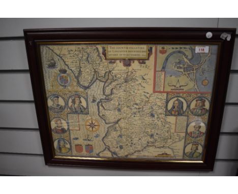 After John Speed (1552-1629) A monochrome print, The Countie Pallatine of Lancaster Described and Divided into Hundreds 1610,