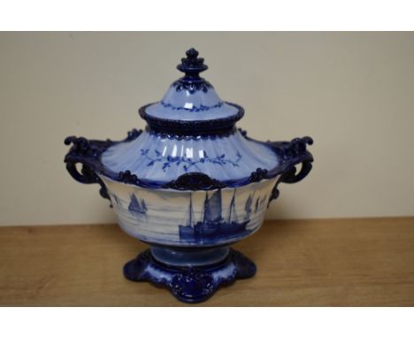 A Royal Crown Derby lidded Jardiniere, hand painted in light and dark cobalt blue colours, depicting a nautical scene, makers