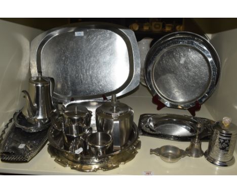 A part mid-century modern stainless steel tea / dinner service, to include Chinese style tea caddy, Scottish quaich, serving 