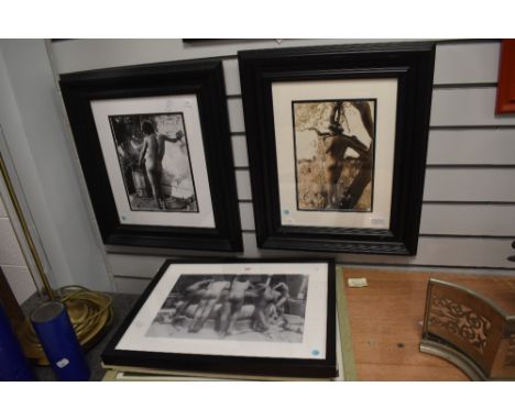 Three framed black and white nude prints, glazed, largest 44cm x 57cm, sold together with another glazed print, a watercolour
