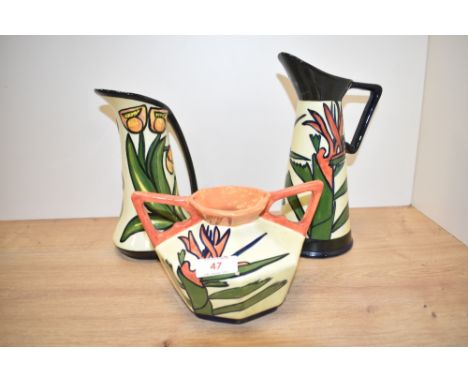 Two vintage Crown Devon pottery vases, beautifully hand painted in bright orange, yellow and green colours, signed to the bot