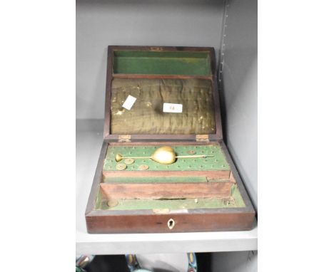 A John Dicas of Liverpool mahogany cased hydrometer, the ebony and boxwood strung case with central roundel bearing manufactu