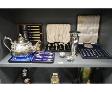 A 19th century silver plated teapot, beautifully decorated having acanthus leaf scrolls, h15cm, sold together with a selectio
