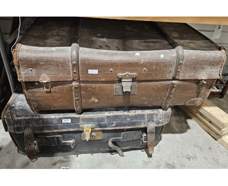 Early 20th century wooden bound and canvas travelling trunk, 80cm wide and a leather and canvas travelling case, 76cm wide