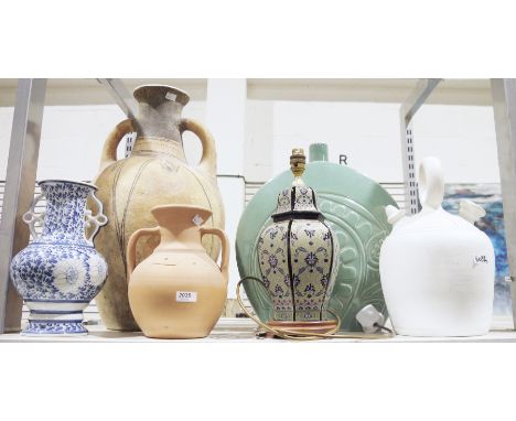 Marks &amp; Spencer green glazed bottle neck vase, 46cm high and three Etruscan style vases, another vase and a table lamp (6