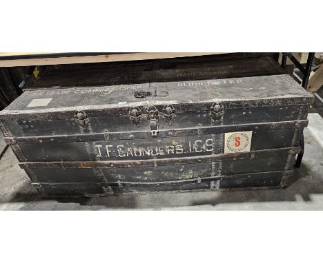 Large vintage steamer trunk, banded in studded iron and wood, stamped U.K. TRADE COMMISSIONER GLOUCESTER, initialled J.F.S., 