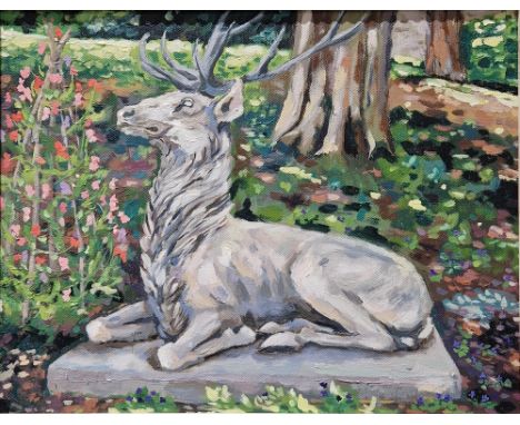 Maggie Thompson (20th century)
Oil on canvas
Four studies of stone garden statues to include a stag, cherub sundial, pair of 
