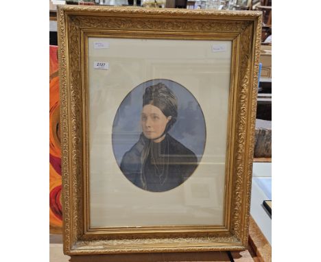 Late 19th century school
Gouache on card
Oval portrait of a lady in mourning dress reserved against a blue ground, 29.5cm hig