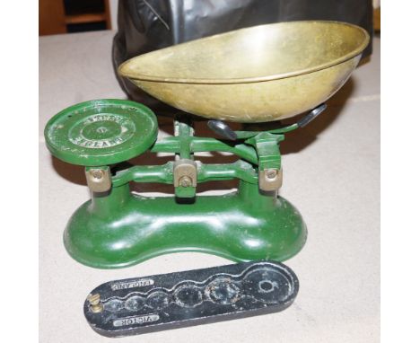 Set of Green painted metal ' Victor ' scales with brass pan