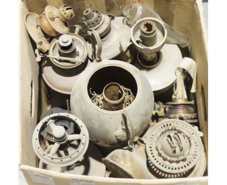 Quantity of lighting related items to include various oil lamps and chimneys, etc (2 boxes)&nbsp;Condition ReportNo glass sha