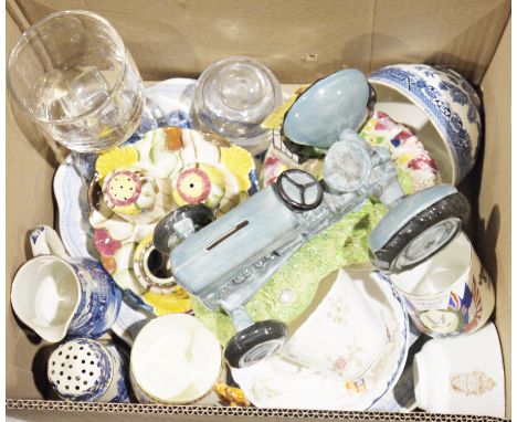 Mixed lot of ceramics and glass including Border Fine Arts Massey Ferguson tractor moneybox, commemorative ware including Ayn