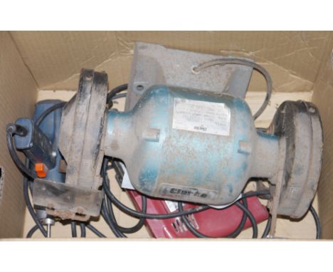 Evolution hand operated circular saw, a Clarke bench grinder&nbsp;with 240v motor, serial number stamped 9030679,&nbsp;a Chal