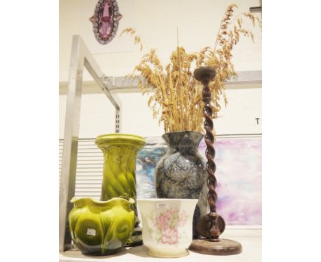 Green glazed majolica style jardiniere and stand, 57cm high together with large vase, planter and an oak barley-twist candles