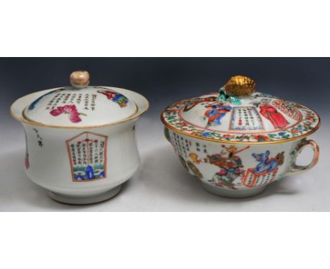 TWO CHINESE POTS and covers decorated with scenes of Immortals and calligraphy poems, one with loop handles, 19th Century, 18