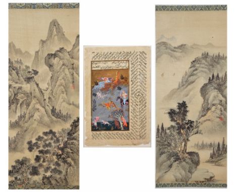 CHINESE SCHOOL A pair of silk studies of mountain landscapes, each with inscription and red seal, 20th Century, 43cm x 18cm a