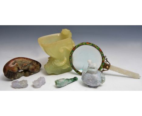 A CHINESE BOWENITE LIBATION CUP, a green and brown jade Ming style horse, a pale lavender jade vase and cover, a pair of dogs