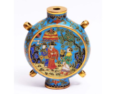 A CHINESE CLOISONNE ENAMEL SNUFF BOTTLE of pilgrim flask form decorated with attendants and court officials and garden scene,