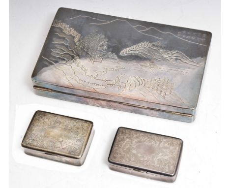 A CHINESE SILVER CIGARETTE BOX of rectangular form with engraved decoration, together with two Chinese snuff boxes with engra