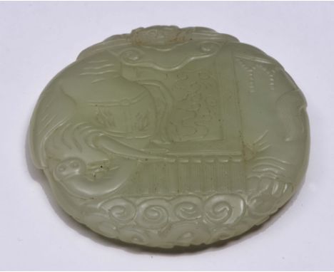 A CHINESE WHITE JADE CIRCLE SHAPED PENDANT carved as an elephant, 18th/19th Century, 5.2cm diameter