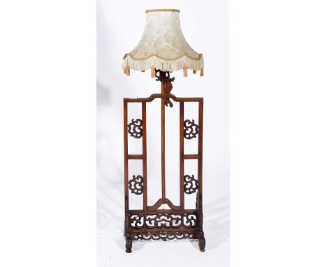 A CHINESE HARDWOOD LAMP BASE of table screen form, 120cm high overall