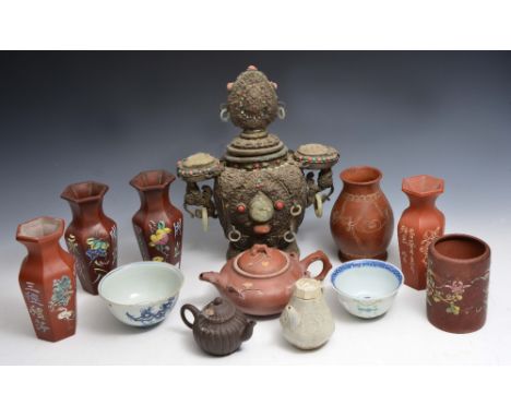 A COLLECTION to include a Chinese metal and jade mounted vase, two Chinese bowls, a small celadon teapot and eight Yixing war