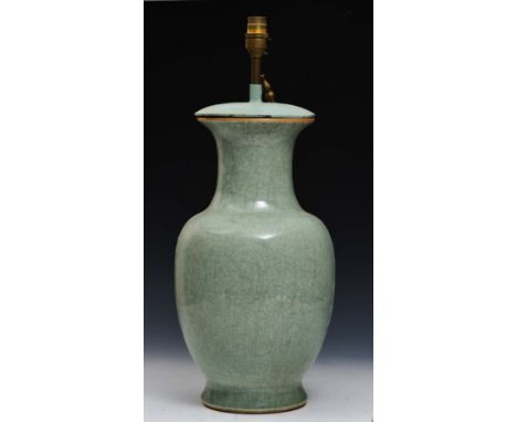 A CHINESE CELADON BALUSTER VASE (converted to a table lamp), 19th Century, 39cm high