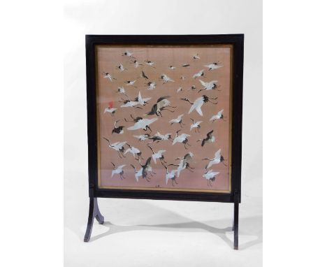 A CHINESE SILK PANEL with storks in an English wood frame, used as a firescreen, panel 66cm x 70cm