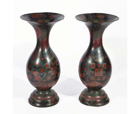 A PAIR OF JAPANESE SHIPPO ENAMEL VASES with wide rims with panels of flower and geometric designs, mid 19th Century, 64cm hig