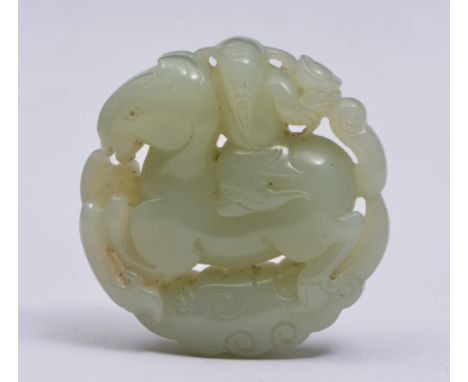 A CHINESE JADE PENDANT, horse with figure above on a cloud, 5.25cm, 19th Century