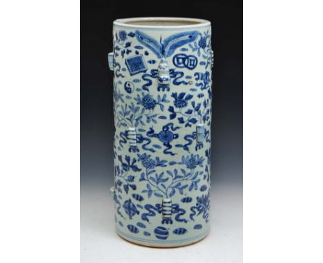 A CHINESE BLUE AND WHITE PORCELAIN STICK STAND with allover Chinese symbols and with raised gourd and other mounts, late 19th