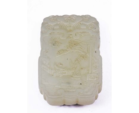 A CHINESE WHITE JADE AMULET of rectangular form carved Immortal and child in garden scene, reverse with calligraphic panel, 1