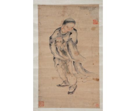 MIN ZHEN (Chinese, 1730-c.1788) A boy holding a dog, signed, seal of the artist, ink on paper,hanging scroll, 67cm x 39cm