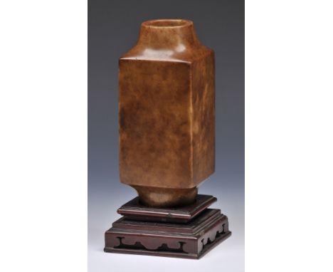 A CHINESE JADE SQUARE MING STYLE VASE on a hardwood stand, 18th/19th Century, 24cm high