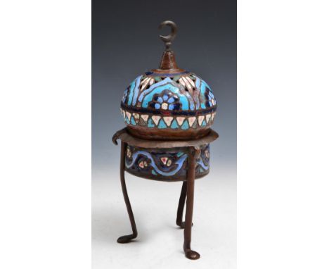A SYRIAN ENAMEL CENSER on metal supports, 19th Century, 23cm