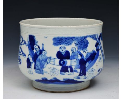 A CHINESE BLUE AND WHITE CENSER decorated with Immortals reading a scroll in a garden divided by clouds beneath an Anhua flor