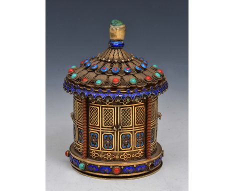 A CHINESE GILT AND ENAMEL PERFUMIER  in the form of a pagoda top garden pavilion, set turquoise and coral and with enamel dec