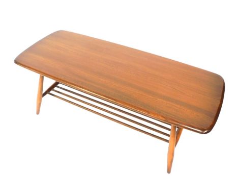 An Ercol elm coffee table, with slatted lower shelf, 36cm high, 100cm wide, 45cm deep.