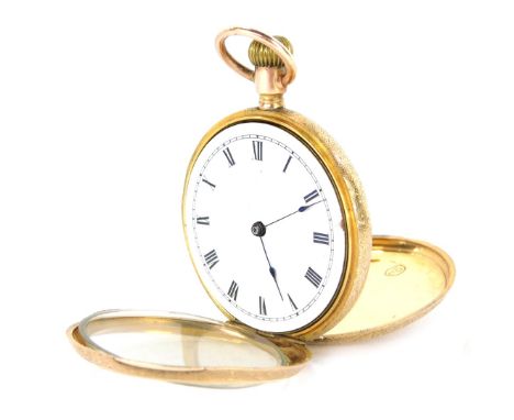 A Continental fob watch, with white ceramic Roman numeric dial, and bezel wind, with floral engraved case, yellow metal stamp