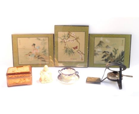 Oriental ceramics and collectables, including a Japanese burner, brass abacus, Chinese wooden box carved with scholars, and a