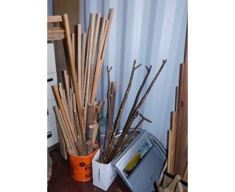 Workshop parts, comprising dowels, vacuum cleaner, walking canes, metal shelf, miniature hoover, etc. (a quantity)