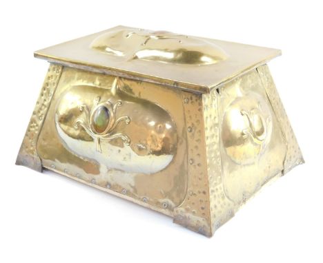 An Arts &amp; Crafts&nbsp;brass coal box, with raised relief cartouche shields, Ruskin enamel&nbsp;and hammered&nbsp;with tap