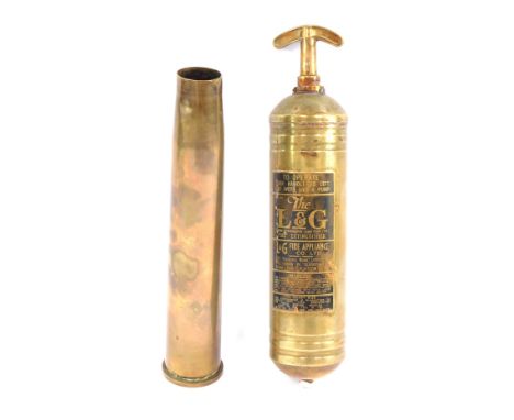 Brasswares, comprising a vintage L and G fire extinguisher, 34cm high, numbered 99, and a brass shell case, stamped 1943, wit