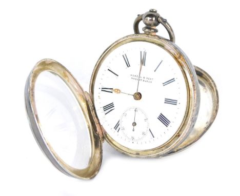 A 19thC Kendal and Dent pocket watch, with white ceramic Roman numeric dial with seconds dial and gold hands, white metal sta