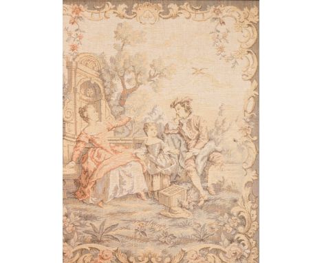 A late 20thC framed tapestry, of mother, father, and child, in ornate gilt frame, 58cm x 49cm. (AF) 
