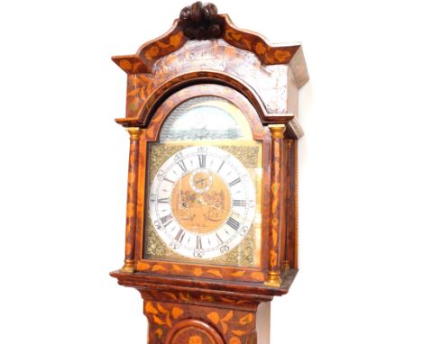 A C R Dyson of Bourne 17thC style walnut and marquetry inlaid longcase clock, the brass break arch dial with urn spandrels, m