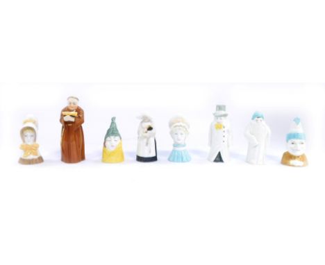Eight Royal Worcester candle snuffers, comprising Mr Caudle, The Prior, Young Girl, Punch, Nun, Toddy, Mobcap, and Budge. (8)