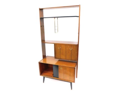 A vintage retro hall cabinet, with a black painted shelf top a fall cocktail cabinet and two sliding doors, with tapered legs